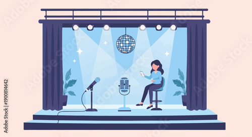 Woman sits on stage with phone near microphones under disco ball