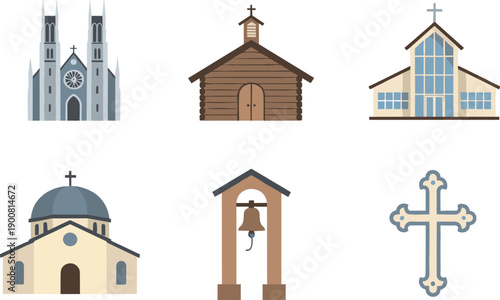 Religious architecture icon set with cathedral chapel modern church and ornate cross for historical and cultural design vector.