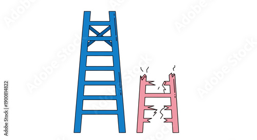 Comparison of Functional Blue Ladder and Broken Pink Ladder. Concept of Stability, Risk, Failure, and Path to Success. Hand-Drawn Illustration.