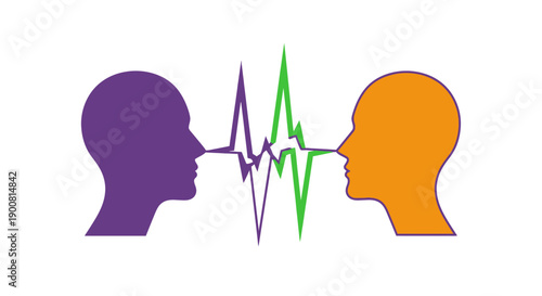 Communication and Dialogue Exchange Icon: Two Head Profiles Speaking Connected by Dynamic Sound Waves (Equalizer Line) on White Background