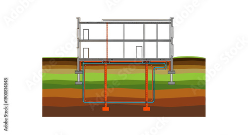 Geothermal Heat Pump System Diagram: Cross-Section of Ground Source Energy Installation beneath Building Foundation and Soil Layers for Sustainable HVAC