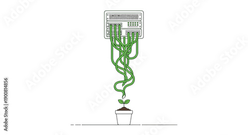 Green IT Growth: Server Connected by Green Vine Cables to a Seedling. Sustainable Technology and Data Center Ecology Concept.