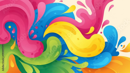 Vibrant colorful paint splashes in shades of pink blue yellow green and orange on white background creating dynamic abstract art with swirling liquid textures and droplets