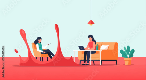 Two women in an office environment, one using a laptop, the other on their phone