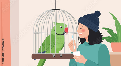 Woman in a beanie offers a toothbrush and toothpaste to a green parrot in a cage