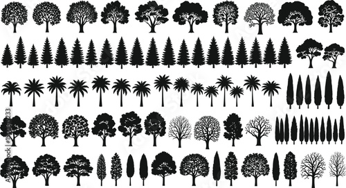 Black Tree Silhouettes Mega Set Including Pine Palm Oak Cypress and Deciduous Nature Elements for Landscape Design CAD Drawing Flat Vector Illustration