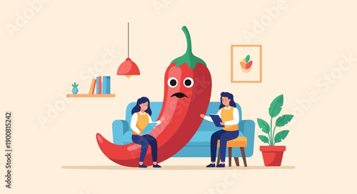 Two women in therapy session with giant sad chili pepper in office