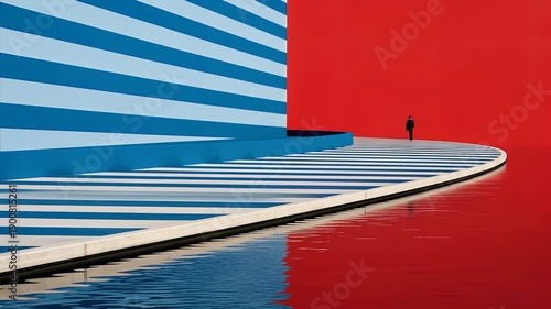 Abstract architectural scene with striped platform reflecting on water solitary figure