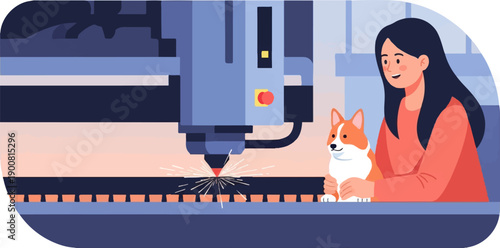 Woman and corgi observe laser cutting machine creating sparks