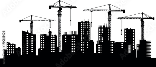 building construction site skyline silhouette with tower cranes lifting heavy loads for architecture and civil engineering vector.