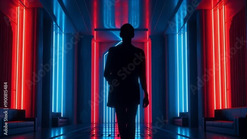 Man in Suit Walking Through Futuristic Neon Lit Hallway Silhouette