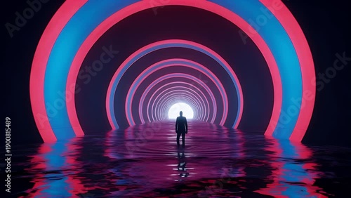 Futuristic Neon Tunnel Person Silhouette Standing in Reflective Water
