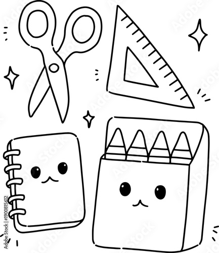 Cute kawaii stationery doodle set featuring smiling notebook crayons scissors and school supplies in hand drawn style