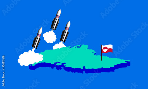 Map of Greenland with flag with US rockets launched. Missile defense system. Greenland crisis. Creative modern collage