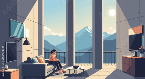 Woman sitting on a sofa looking at her phone, with mountains visible through large windows