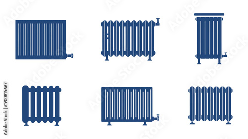 A collection of various blue radiator designs on a white background
