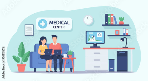 Waiting room with people on laptop, medical sign, clock, desk, and shelves