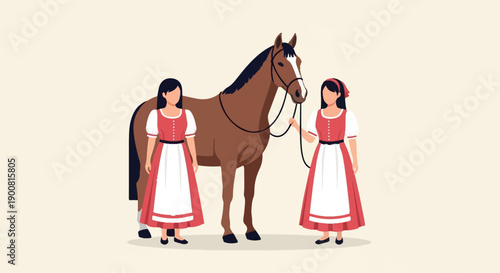Two women in traditional attire with a horse