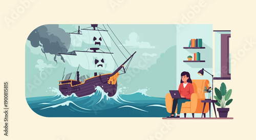 Woman in armchair works on laptop while pirate ship sails rough seas