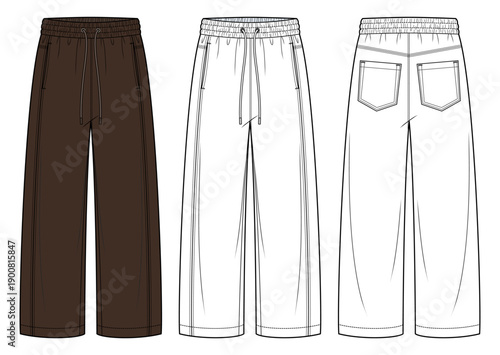 Chocolate Brown and White Elastic-Waist Wide-Leg Lounge Pants Technical Fashion Illustration. Relaxed Drawstring Trousers with Back Patch Pockets. Front and Back View CAD Mockup.