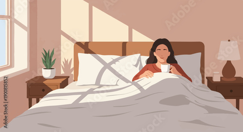 Woman in bed enjoying a warm drink with sunlight streaming through the window