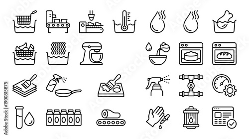 Outline Frying and Baking Oil Application Line Icons � Food Processing and Formulation UI