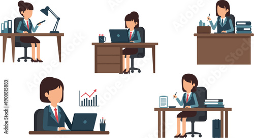 Business people working at office desk with laptop and tablet for corporate administration and professional productivity set vector.