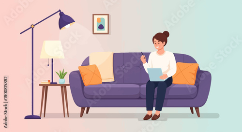Woman sitting on purple sofa in cozy room with floor lamp