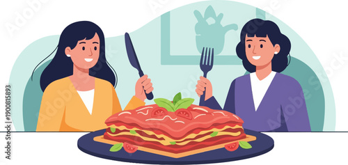 Two women share a large lasagna, ready to eat