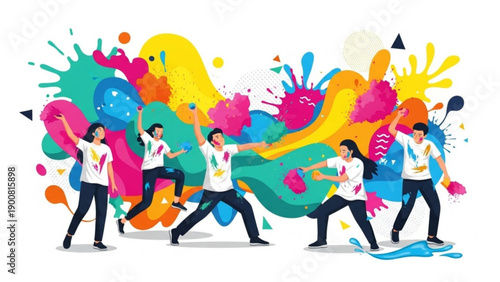 Four people dancing playfully with colorful paint splatters in the background expressing joy and creativity in a lively scene