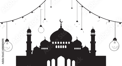 A serene silhouette of a mosque with festive lighting and decorations.