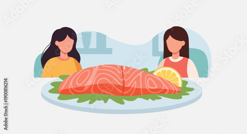 Two women share a meal of fresh salmon with lemon and greens