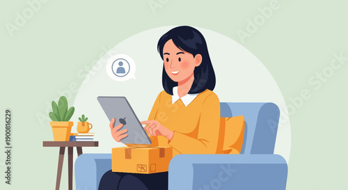 Woman using a tablet and holding a package while sitting on a blue sofa