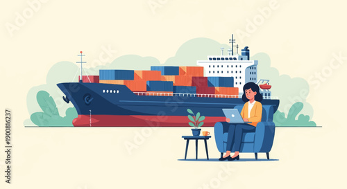 Woman uses laptop in armchair beside large cargo ship