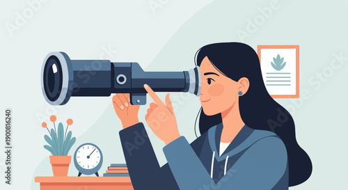 Woman uses telescope to look into the distance, symbolizing future goals