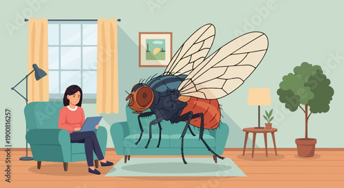 Woman using tablet in living room with giant fly on couch