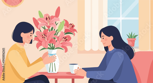 Two women share a moment with flowers and coffee indoors
