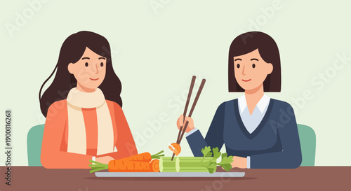 Two women sharing a healthy meal of carrots and celery with chopsticks