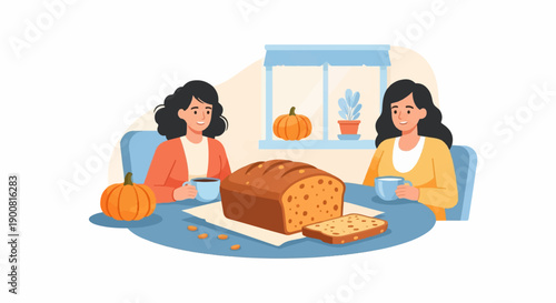 Two women share warm drinks and fresh bread by a sunny window