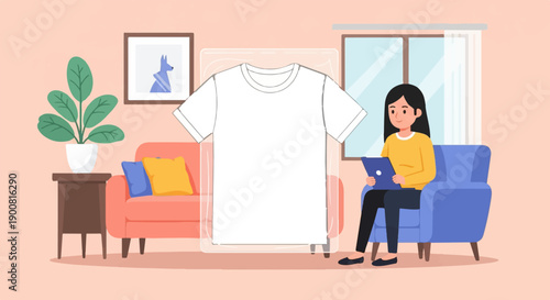 Woman using tablet on couch in room with plant, picture, and blank t-shirt