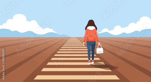 Woman walks on a crosswalk in a vast brown landscape under blue sky