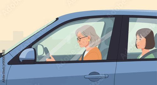 Two women in a car, one driving, the other looking out