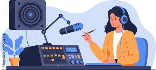 Woman in headphones at a soundboard with microphone and speaker