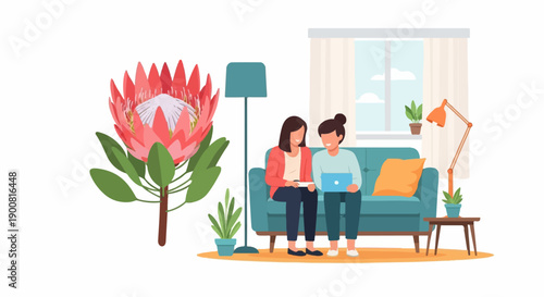 Two women on a sofa with a laptop, a large flower and houseplants