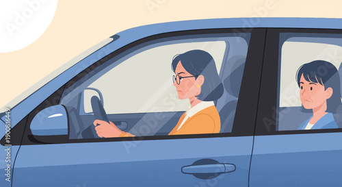 Two women in a blue car, one driving with concern