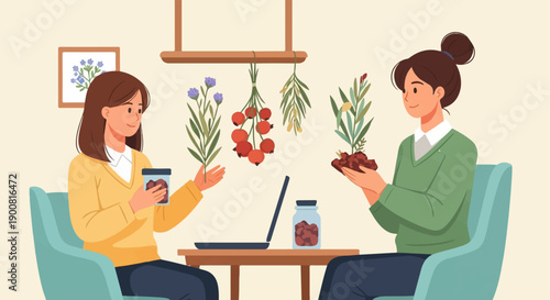 Two women sit at a table, engaged in an activity involving plants and jars
