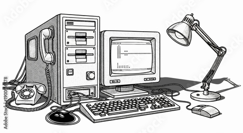 Vintage computer setup with rotary phone, keyboard, monitor, mouse, and lamp