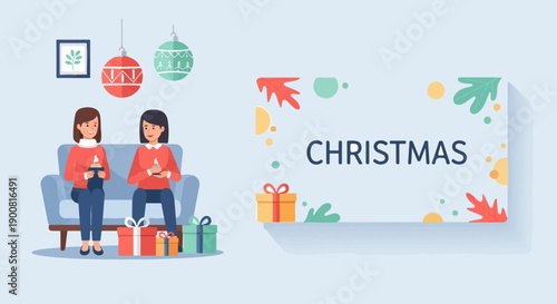 Two women holding candles, sitting on a couch with gifts