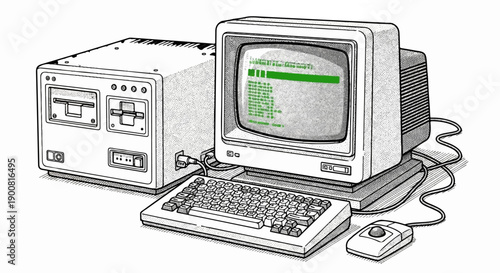 Vintage computer with monitor, keyboard, mouse, and disk drive