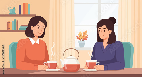 Two women enjoying tea at a table with books and a plant